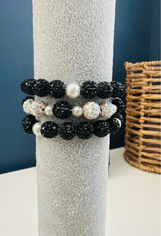 Black and silver rhinestone bracelet stack
